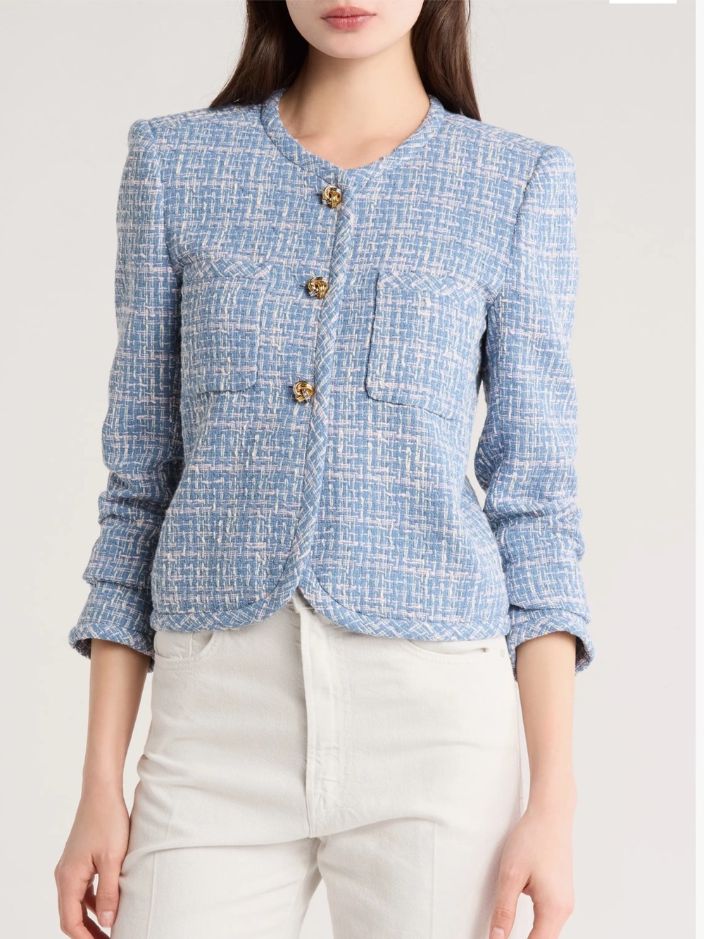 10 Crosby Derek Lam Light Blue Tweed Collarless Jacket